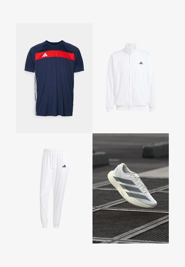 Valge kerge jakk, millel on seisev krae, ees lukuga kinnitus, küljetaskud ja must Adidas logo vasakul rinnal. Pehme tekstuur.; Tumesinine sportlik T-särk, millel on punane horisontaalne triip ja valged aksendid. Kõrge kvaliteediga sile kangas, lühikeste varrukate ja ümmarguse kaelusega.; Valged sportpüksid, mis on valmistatud siledast kangast, omavad elastset vöökohta ja kitsaid mansette, tagakoti peal on must logo.; Valge sportlik jalanõu tekstureeritud võrgus ülaosaga, hallide triipude ja pehmendusega tallaga. Kerge disain, sobib jooksmiseks.