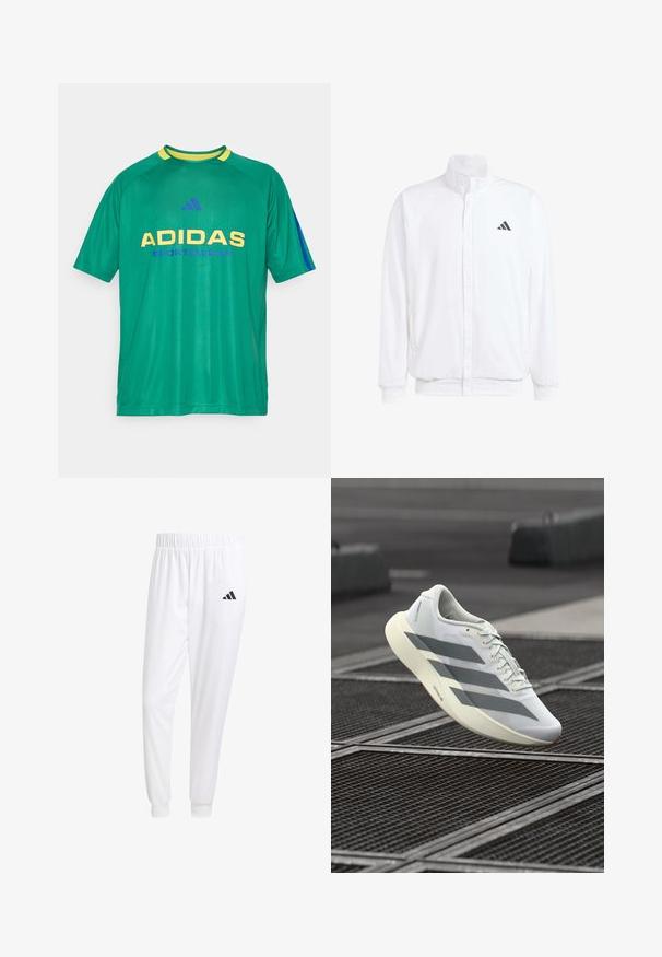 Λευκό ελαφρύ μπουφάν με όρθιο γιακά, φερμουάρ μπροστά, πλαϊνές τσέπες και μαύρο λογότυπο Adidas στο αριστερό στήθος. Μαλακή υφή.; Πράσινο αθλητικό μπλουζάκι κοντού μανικιού με κίτρινες και μπλε λεπτομέρειες. Διαθέτει μεγάλο λογότυπο "ADIDAS" και το κείμενο "SPORTSWEAR" σε αντίθετα χρώματα.; Λευκά αθλητικά παντελόνια από λείο ύφασμα, με ελαστική μέση και εφαρμοστά μανίκια, που διαθέτουν ένα μαύρο λογότυπο στην πίσω τσέπη.; Λευκό αθλητικό παπούτσι με υφή από διχτυωτό υλικό στο πάνω μέρος, με γκρι ρίγες και επενδεδυμένη σόλα. Ελαφρύς σχεδιασμός κατάλληλος για τρέξιμο.