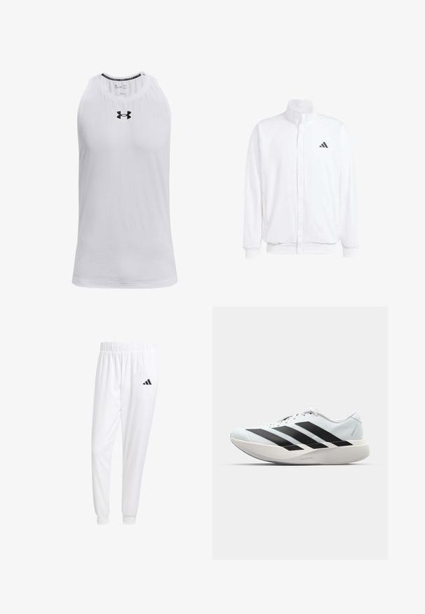 Bijela lagana jakna s visokim ovratnikom, prednjim zatvaračem, bočnim džepovima i crnim Adidas logom na lijevoj sisi. Mekana tekstura.; Bjela bezrukavna majica od mekanog materijala, s okruglim izrezom i crnim Under Armour logotipom na prsima.; Bijele atletske hlače od glatkog materijala, sa elastičnom vrpcom u struku i pripijenim manžetama, sa crnim logom na stražnjem džepu.; Lagane tenisice za trčanje u svijetloplavoj boji s crnim trakama. Imaju glatku gornju površinu, okrugli vrh i debeli bijeli srednji sloj označen "LIGHTSTRIKE PRO."