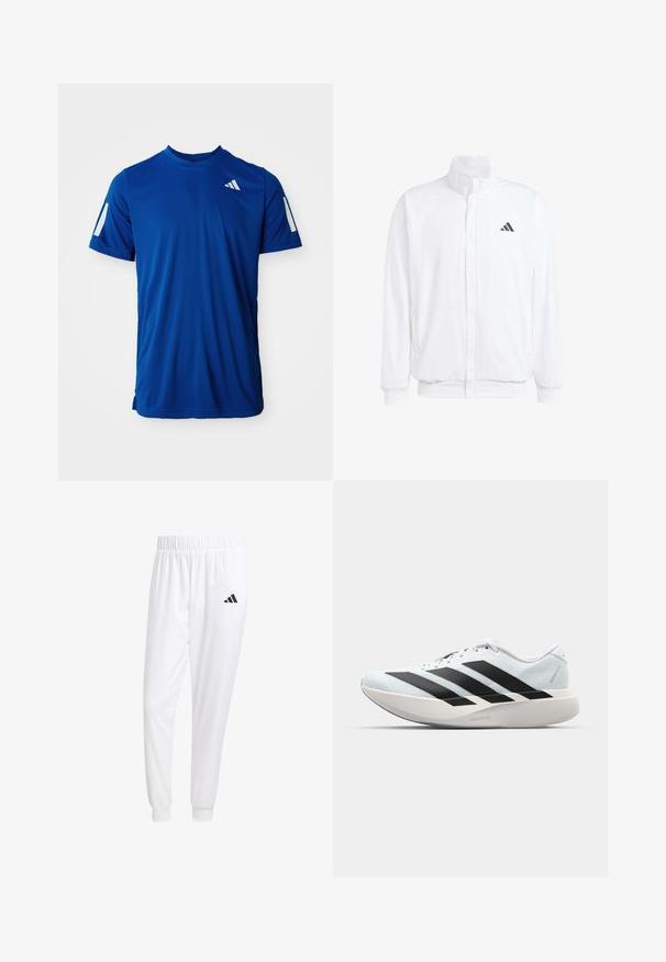 Vit lättviktsjacka med ståkrage, framdragkedja, sidofickor och en svart Adidas-logotyp på vänster bröst. Mjuk textur.; Blå kortärmad träningsskjorta med reflekterande remsor på ärmarna och en liten vit logotyp på övre vänstra bröstet.; Vita atletiska byxor gjorda av slät tyg, med resårmidja och åtsittande manschetter, samt en svart logotyp på bakfickan.; Lätta löparskor i ljusblått med svarta ränder. Har en slät ovandel, rund tå och tjock vit mellansula märkt "LIGHTSTRIKE PRO."