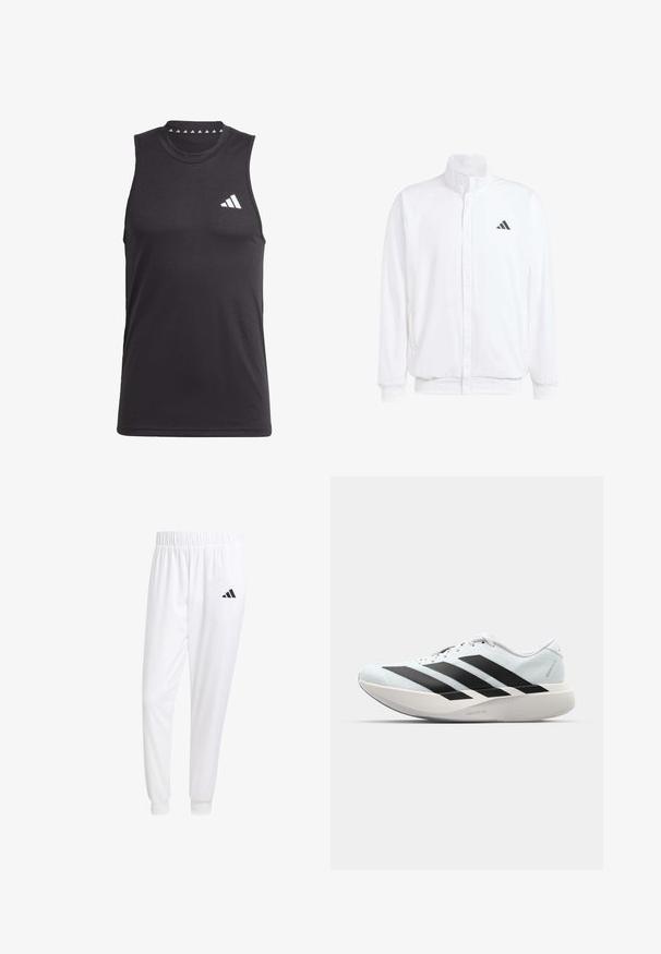 Balta lengva striukė su stovinčiu apykaklės, priekyje užtrauktuku, šoninėmis kišenėmis ir juodu Adidas logotipu kairėje krūtinės pusėje. Minkšta tekstūra.; Juodas be rankovių sportinis marškinėliai, pagaminti iš lygaus audinio, su apvaliu kaklu ir balta logotipo ženklu kairėje krūtinės pusėje.; Balti sportiniai keliaraiščiai, pagaminti iš lygios medžiagos, su elastinga liemene ir priglundančiais rankogaliais, ant galinio kišenės yra juodas logotipas.; Lengvi bėgimo batai šviesiai mėlynos spalvos su juodomis juostelėmis. Yra lygus viršus, apvalus pirštas ir storas baltas vidpadis su užrašu "LIGHTSTRIKE PRO."