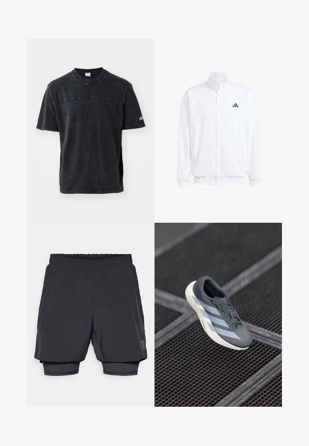 Fehér, könnyű dzseki, álló gallérral, elülső cipzáros záródással, oldalsó zsebekkel és fekete Adidas logóval a bal mellen. Puha tapintású.; Fekete, rövid ujjú pamut póló, kerek nyakkivágással, diszkrét logóval a mellrészen és kontrasztos varrással a vállon.; Fekete sportnadrág elasztikus derékkal, réteges kialakítással és illeszkedő bélésrésszel. A alsó oldalon diszkrét logó található.; Szürke és fehér sportcipő, szintetikus anyagból, áramvonalas kialakítással, texturált felülettel és hangsúlyos fűzőrendszerrel.