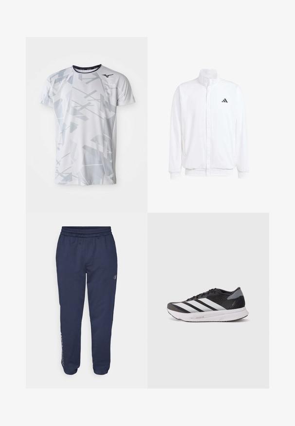 Casaco leve branco com colarinho alto, fecho frontal com zipper, bolsos laterais e um logótipo preto da Adidas no peito esquerdo. Textura suave.; T-shirt atlético branco com um padrão geométrico cinza, mangas curtas, gola redonda e logótipo Mizuno no lado superior esquerdo. Feito de material respirável.; Calças de moletão azul marinho feitas de tecido suave, com cintura elástica ajustável, bolsos laterais e um logótipo impresso na perna esquerda.; Sapatilha atlética preta com riscas brancas, parte superior em malha, sola acolchoada e detalhes texturizados. Design leve para melhor desempenho.