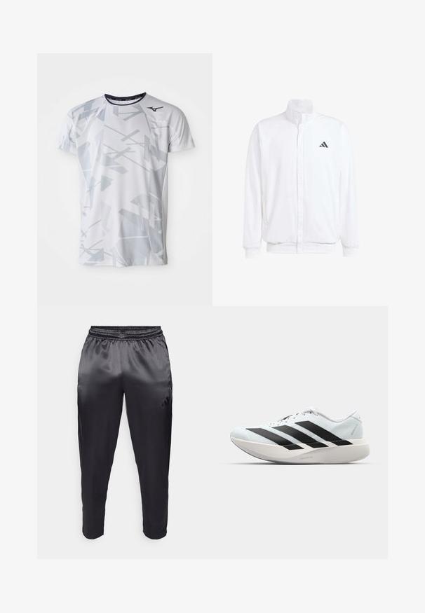 Jachetă albă ușoară, cu guler în picioare, închidere cu fermoar în față, buzunare laterale și un logo Adidas negru pe pieptul stâng. Textură moale.; Tricou athletic alb cu un model geometric gri, mâneci scurte, guler rotund și logo Mizuno în partea stângă sus. Fabricat din material respirabil.; Pantaloni sportivi negri dintr-un material neted, ușor, cu un tiv elastic. Au un logo mic pe partea stângă și picioare tapered.; Pantofi de alergare ușori în albastru deschis cu dungi negre. Au un superior neted, vârf rotund și o intermediară groasă albă etichetată "LIGHTSTRIKE PRO."