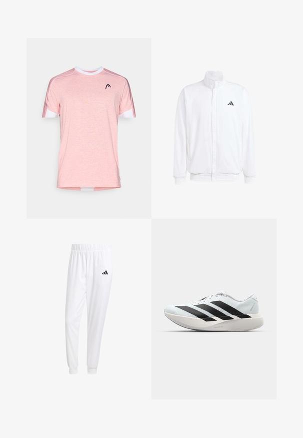 Valkoinen kevyt takki, jossa on pystysuora kaulus, etuvetoketju, sivutaskut ja musta Adidas-logo vasemmassa rinnassa. Pehmeä rakenne.; Vaaleanpunainen lyhythihainen T-paita, joka on valmistettu teksturoidusta kankaasta. Siinä on valkoinen pyöreä kaula-aukko ja musta logo rinnassa.; Valkoiset urheiluhousut, jotka on valmistettu sileästä kankaasta, jossa on joustava vyötärö ja istuvat hihat, ja joissa on musta logo takataskussa.; Kevyt juoksukengät vaaleansinisinä mustilla raidoilla. Ominaisuuksiin kuuluu sileä pinta, pyöreä kärki ja paksu valkoinen välipohja, joka on merkitty "LIGHTSTRIKE PRO".