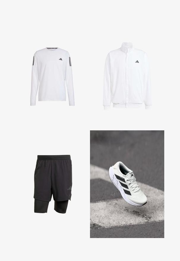 Valkoinen kevyt takki, jossa on pystysuora kaulus, etuvetoketju, sivutaskut ja musta Adidas-logo vasemmassa rinnassa. Pehmeä rakenne.; adidas Performance Pitkähihainen paita - white; Musta urheilushortsit integroitu sisäkerros, valmistettu hengittävästä kankaasta. Ominaisuuksiin kuuluu huomaamaton logo ja rakenteellinen tekstuuri. Säädettävä vyötärö.; Valkoinen urheilujalkine, jossa on teksturoitu verkkomateriaali, mustat raidat, nauhakiinnitys ja pehmustettu pohja, leijuu merkittyjen tienpintojen yllä.