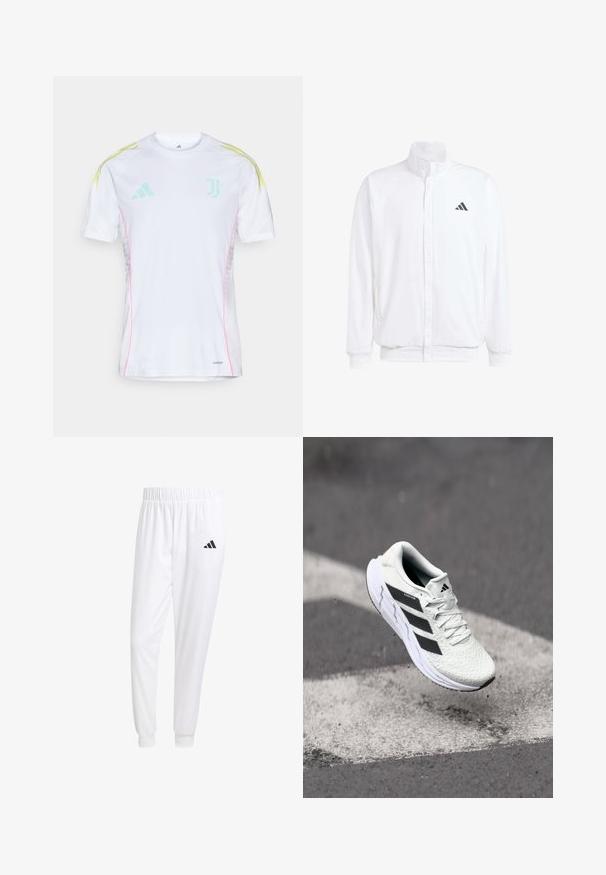 Bílá lehká bunda s stojatým límcem, předním zipem, bočními kapsami a černým logem Adidas na levé hrudi. Měkká textura.; Bílý dres s krátkými rukávy, zdobený světlemodrými a žlutými pruhy na ramenech, růžovými bočními švy a logem Juventusu.; Bílé sportovní kalhoty vyrobené z hladkého materiálu, s elastickým pasem a přiléhavými manžetami, s černým logem na zadní kapse.; Bílé sportovní boty s texturovanou síťovinou, černými pruhy, šněrováním a polstrovanou podrážkou, levitující nad vyznačeným povrchem silnice.