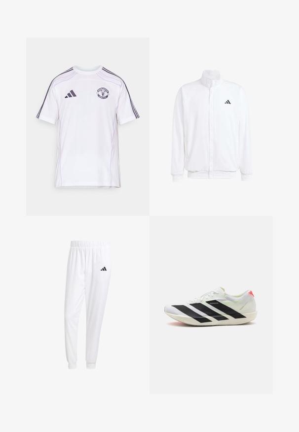 Jachetă albă ușoară, cu guler în picioare, închidere cu fermoar în față, buzunare laterale și un logo Adidas negru pe pieptul stâng. Textură moale.; Tricou de fotbal alb, cu mânecă scurtă, cu dungi adidas de culoare mov, logo-ul brodat al echipei Manchester United și guler rotund.; Pantaloni sport albi dintr-un material neted, cu un brâu elastic și mansete ajustate, având un logo negru pe buzunarul din spate.; Vastă de sport albă cu dungi diagonale negre, material din plasă ușoară, accente verzi și tab de călcâi roșu; prezintă un design elegant, alungit.
