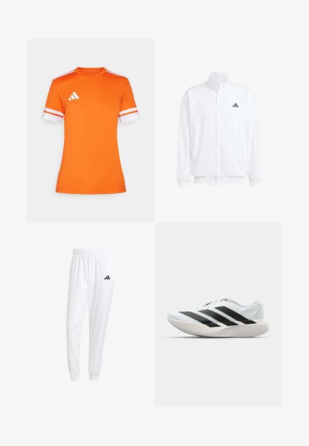 Valge kerge jakk, millel on seisev krae, ees lukuga kinnitus, küljetaskud ja must Adidas logo vasakul rinnal. Pehme tekstuur.; Oranž spordisärk lühikeste varrukatega, valgete triipudega mansetid ja Adidas logo vasakul õlal, valmistatud siledast ja hingavast materjalist.; Valged sportpüksid, mis on valmistatud siledast kangast, omavad elastset vöökohta ja kitsaid mansette, tagakoti peal on must logo.; Kerged jooksujalatsid helesinises värvuses mustade triipudega. Omavad siledat pealispinda, ümarat varvase osa ja paksu valget vahemõõtu, millel on silt "LIGHTSTRIKE PRO".