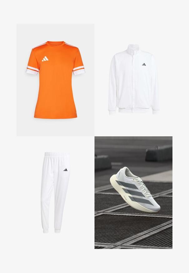 Bijela lagana jakna s visokim ovratnikom, prednjim zatvaračem, bočnim džepovima i crnim Adidas logom na lijevoj sisi. Mekana tekstura.; Narančasta sportska majica kratkih rukava s bijelim prugastim rubovima i Adidas logom na lijevom ramenu, izrađena od glatkog, prozračnog materijala.; Bijele atletske hlače od glatkog materijala, sa elastičnom vrpcom u struku i pripijenim manžetama, sa crnim logom na stražnjem džepu.; Bijela sportska cipela s teksturiranim mrežastim gornjim dijelom, s sivim prugama i jastučićastim potplatom. Lagan dizajn pogodan za trčanje.