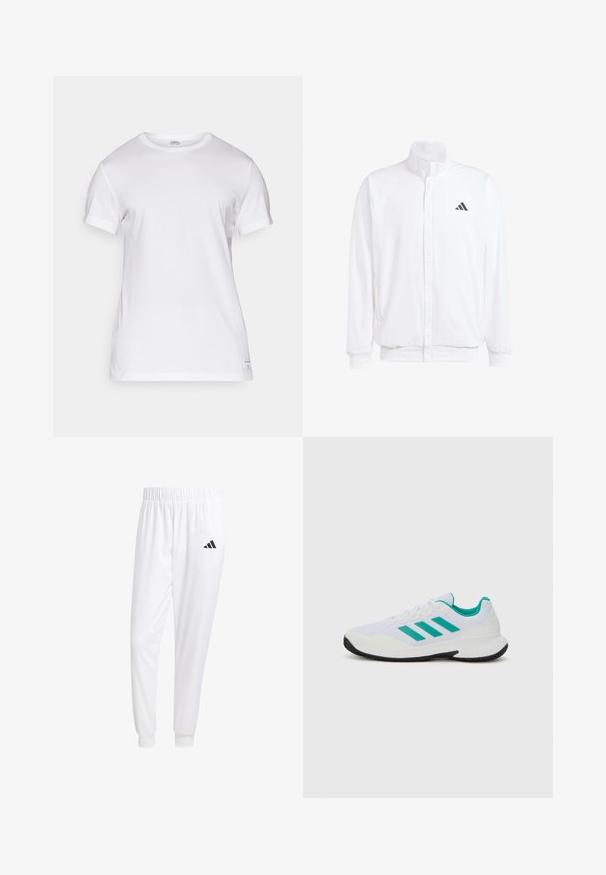 Valkoinen kevyt takki, jossa on pystysuora kaulus, etuvetoketju, sivutaskut ja musta Adidas-logo vasemmassa rinnassa. Pehmeä rakenne.; Valkoinen puuvillapaita lyhyillä hihoilla, pyöreällä kaula-aukolla ja suoreratkaisulla. Paita on varustettu pienellä brändilapulla vasemmassa helmaassa. Pehmeä rakenne.; Valkoiset urheiluhousut, jotka on valmistettu sileästä kankaasta, jossa on joustava vyötärö ja istuvat hihat, ja joissa on musta logo takataskussa.; Valkoinen urheilukenkä turkooseilla yksityiskohdilla, verkkomateriaali ylhäällä, kolme vierekkäistä raitaa sivuissa, rakenteellinen kanta ja musta kumipohja.