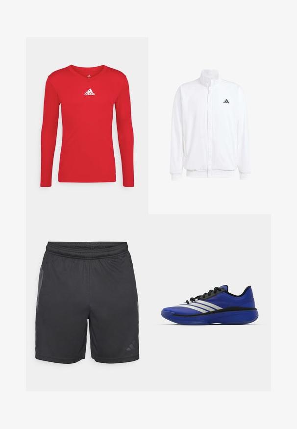 Veste légère blanche avec col montant, fermeture éclair sur le devant, poches latérales, et un logo Adidas noir sur la poitrine gauche. Texture douce.; T-shirt de sport rouge à manches longues en tissu lisse et extensible. Il présente un décolleté en V et un logo Adidas blanc sur la poitrine.; adidas Performance SEA SHORT - Short de sport - black; adidas Performance ADIZERO SELECT 3.0 - Chaussures de basket - lucid blue/core black/metallic