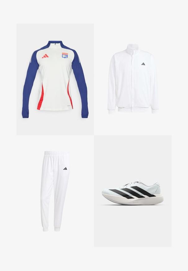 Weiße leichte Jacke mit Stehkragen, durchgehendem Reißverschluss, seitlichen Taschen und schwarzem Adidas-Logo auf der linken Brust. Weicher Stoff.; Langärmliges, weißes Sportshirt mit marineblauen Ärmeln und roten Akzenten. Verfügt über einen Reißverschlusskragen und ein Olympique Lyonnais-Logo auf der Brust.; Weiße Sporthose aus glattem Stoff, mit einem elastischen Bund und enganliegenden Bündchen, mit einem schwarzen Logo auf der Gesäßtasche.; Leichte Laufschuhe in hellblau mit schwarzen Streifen. Sie verfügen über ein glattes Obermaterial, eine runde Zehenpartie und eine dicke weiße Zwischensohle, die mit "LIGHTSTRIKE PRO" beschriftet ist.