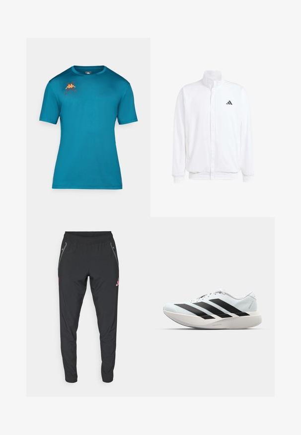 Balta lengva striukė su stovinčiu apykaklės, priekyje užtrauktuku, šoninėmis kišenėmis ir juodu Adidas logotipu kairėje krūtinės pusėje. Minkšta tekstūra.; Turkio spalvos trumpas rankovė T-shirt iš lygaus audinio su apvaliu kaklu. Ant krūtinės yra mažas logotipas oranžine ir tamsiai raudona spalvomis.; adidas Performance JUVENTUS TIRO25 COMPETITION VIS TECH TRAVEL PANT - Treningo apatinė dalis - black/bliss pink; Lengvi bėgimo batai šviesiai mėlynos spalvos su juodomis juostelėmis. Yra lygus viršus, apvalus pirštas ir storas baltas vidpadis su užrašu "LIGHTSTRIKE PRO."