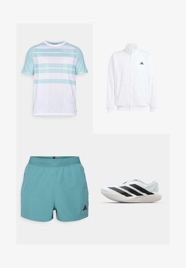 Biela ľahká bunda so stojáčikovým golierom, predným zipsom, bočnými vreckami a čiernym logom Adidas na ľavej hrudi. Mäkčená štruktúra.; Biela športová košeľa s svetlomodrými akcentmi a pruhovanou sieťovinovou textúrou. Logo "HEAD" umiestnené v hornej ľavej časti. Kolo výstrih a krátke rukávy.; Tyrkysové športové kraťasy s textúrovaným pásom, bočnými vreckami a čiernym logom Adidas na dolnej pravej strane. Ľahký materiál.; Ľahké bežecké topánky v svetlomodrej farbe s čiernymi pruhmi. Majú hladký zvršok, okrúle špičky a hrubú bielu medzipodrážku označenú "LIGHTSTRIKE PRO."