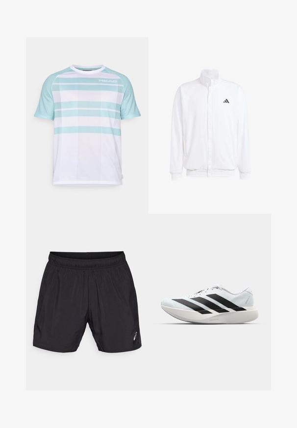 Fehér, könnyű dzseki, álló gallérral, elülső cipzáros záródással, oldalsó zsebekkel és fekete Adidas logóval a bal mellen. Puha tapintású.; Fehér sportpóló világoskék részletekkel és csíkos hálós textúrával. A "HEAD" logó a bal felső oldalon látható. Kerek nyakú és rövid ujjú.; Fekete sportos rövidnadrág, könnyű anyagból készült, rugalmas derekkal és egy kis logóval a bal alsó oldalon.; Világoskék, fekete csíkos könnyű futószerek. Simább felső résszel, kerek orral és vastag fehér középtalppal, amelyen a "LIGHTSTRIKE PRO" felirat olvasható.