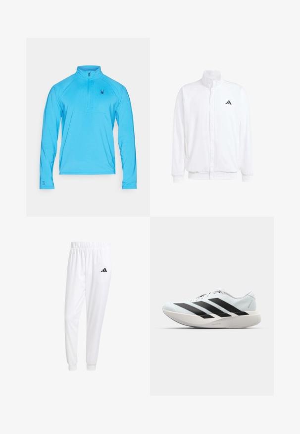 Vit lättviktsjacka med ståkrage, framdragkedja, sidofickor och en svart Adidas-logotyp på vänster bröst. Mjuk textur.; Spyder GRIDWEB 1/2 ZIP - Långärmad tröja - aether blue; Vita atletiska byxor gjorda av slät tyg, med resårmidja och åtsittande manschetter, samt en svart logotyp på bakfickan.; Lätta löparskor i ljusblått med svarta ränder. Har en slät ovandel, rund tå och tjock vit mellansula märkt "LIGHTSTRIKE PRO."
