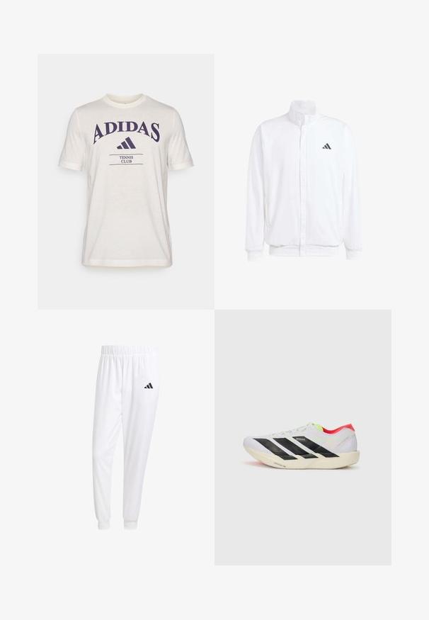 Valge kerge jakk, millel on seisev krae, ees lukuga kinnitus, küljetaskud ja must Adidas logo vasakul rinnal. Pehme tekstuur.; Kreemivärvi lühikeste varrukatega t-särk, millel on suur lilla "ADIDAS" logo ja all tumelilla tekst "TENISSE KLUBI".; Valged sportpüksid, mis on valmistatud siledast kangast, omavad elastset vöökohta ja kitsaid mansette, tagakoti peal on must logo.; Valge jooksuking mustade triipudega, ere roheline aksessuaar ja punane konts. Omab kerget disaini ja tekstureeritud talla, mis tagab haarde.