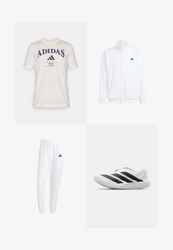 Balta lengva striukė su stovinčiu apykaklės, priekyje užtrauktuku, šoninėmis kišenėmis ir juodu Adidas logotipu kairėje krūtinės pusėje. Minkšta tekstūra.; Kremo spalvos marškinėliai trumpomis rankovėmis su dideliu purpuriniu "ADIDAS" logotipu ir tamsiai purpuriniu tekstu "TENISŲ KLUBAS" po juo.; Balti sportiniai keliaraiščiai, pagaminti iš lygios medžiagos, su elastinga liemene ir priglundančiais rankogaliais, ant galinio kišenės yra juodas logotipas.; Lengvi bėgimo batai šviesiai mėlynos spalvos su juodomis juostelėmis. Yra lygus viršus, apvalus pirštas ir storas baltas vidpadis su užrašu "LIGHTSTRIKE PRO."