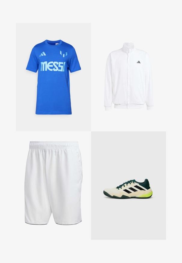 Weiße leichte Jacke mit Stehkragen, durchgehendem Reißverschluss, seitlichen Taschen und schwarzem Adidas-Logo auf der linken Brust. Weicher Stoff.; Blaues Baumwoll-T-Shirt mit kurzen Ärmeln, das einen großen weißen "MESSI"-Text und subtile dreieckige Akzente in einer helleren Blaufarbe aufweist.; Weiße Shorts mit elastischem Bund, glatter Textur und kontrastierendem schwarzen Saum. Entworfen für Freizeit- oder Sportbekleidung.; Tennisschuhe mit einem cremefarbenen Obermaterial, schwarzen Streifen, grünen Akzenten und einer strukturierten Gummisohle für besseren Grip. Hergestellt aus synthetischen Materialien.