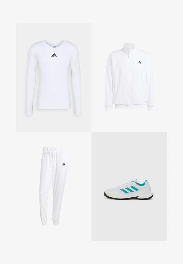 Balts viegls jaciņš ar stāvo apkakli, priekšējo rāvējslēdzēju, sānu kabatām un melnu Adidas logo kreisajā krūtī. Mīksta tekstūra.; Garā piedurkņu balta sporta krekls izgatavots no gludas auduma, ar melnu Adidas logo uz krūšu daļas; V-veida kakla dizains un pieguļošs siluets.; Baltas sporta bikses, kas izgatavotas no gludas auduma, ar elastīgu jostu un pieguļošiem uzmavām, ar melnu logotipu aizmugurējā kabatā.; Balts sporta apavi ar tirkīza akcentiem, sieta augšdaļa, trīs paralēlas svītras sānos, strukturēta papēža daļa un melna gumijas stikla.
