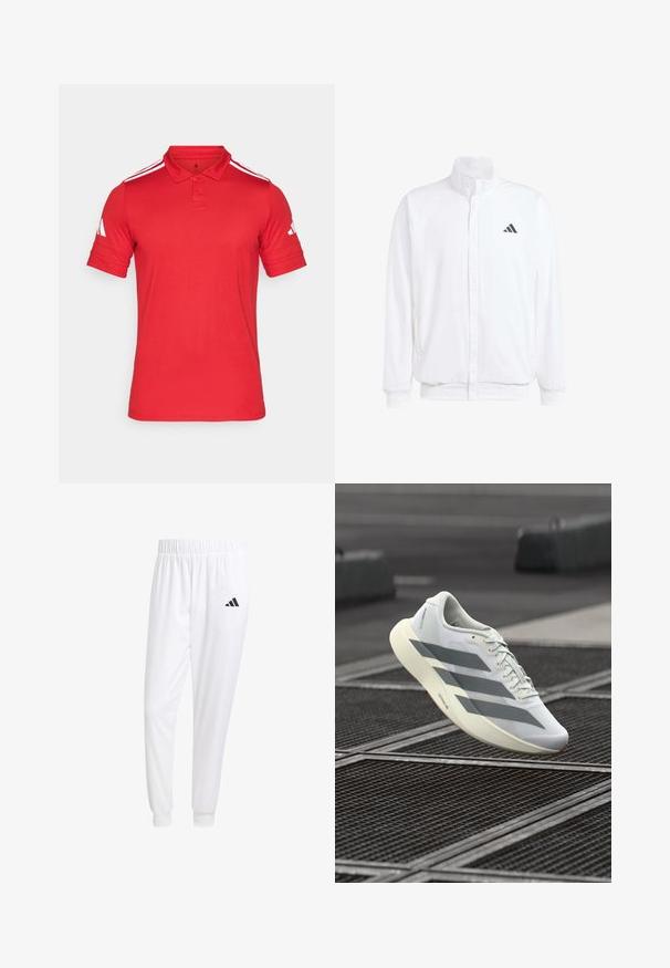 Vit lättviktsjacka med ståkrage, framdragkedja, sidofickor och en svart Adidas-logotyp på vänster bröst. Mjuk textur.; Röd polo-shirt tillverkad av andningsbart tyg, med en tvåknaps placket, korta ärmar med vita ränder och en logodetalj på ärmen.; Vita atletiska byxor gjorda av slät tyg, med resårmidja och åtsittande manschetter, samt en svart logotyp på bakfickan.; Vitt sportskor med texturerat mesh-överdel, med grå ränder och en dämpad sula. Lätt design som passar för löpning.