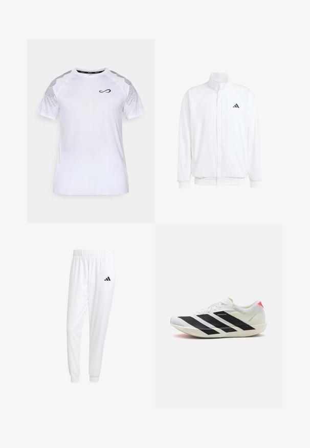 Hvid letvægtsjakke med en ståkrave, frontlynlås, sidelommer og et sort Adidas-logo på venstre bryst. Blød tekstur.; Endless FEISTY HEXAGON - T-shirts print - white; Hvide sportsbukser lavet af glat stof, med elastisk talje og tætsiddende manchetter, og med et sort logo på baglommen.; Hvide atletik sko med sorte diagonale striber, letvægts mesh materiale, grønne accenter og rød hælflap; har et slankt, forlænget design.