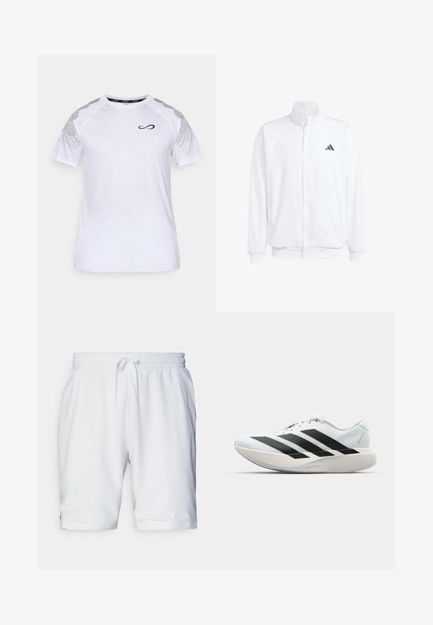 Hvid letvægtsjakke med en ståkrave, frontlynlås, sidelommer og et sort Adidas-logo på venstre bryst. Blød tekstur.; Endless FEISTY HEXAGON - T-shirts print - white; Hvide sportsshorts med elastisk talje og justerbar snor. Glat stof med en diskret tekstur, der har sidelommer.; Letvægtige løbesko i lys blå med sorte striber. Har en glat overdel, rund tå og tyk hvid mellemsål mærket "LIGHTSTRIKE PRO."