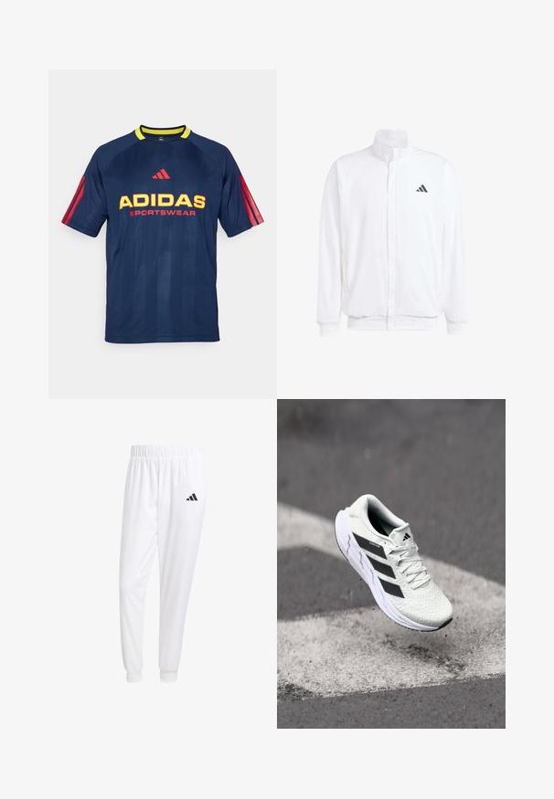 Casaco leve branco com colarinho alto, fecho frontal com zipper, bolsos laterais e um logótipo preto da Adidas no peito esquerdo. Textura suave.; Camiseta desportiva da Adidas em azul-marinho com gola amarela, detalhes em riscas vermelhas nas mangas e texto em bold amarelo e vermelho "ADIDAS SPORTSWEAR".; Calças esportivas brancas feitas de tecido suave, com uma cintura elástica e punhos ajustados, apresentando um logo preto no bolso de trás.; Shoe atlético branco com parte superior em malha texturizada, riscas pretas, fecho de atacadores e sola almofadada, a flutuar acima de uma superfície de estrada marcada.
