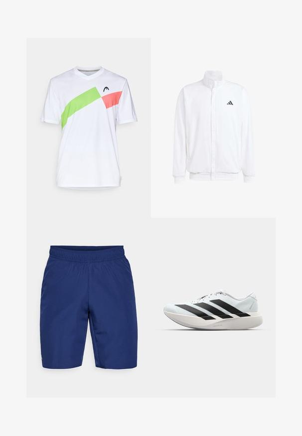 Fehér, könnyű dzseki, álló gallérral, elülső cipzáros záródással, oldalsó zsebekkel és fekete Adidas logóval a bal mellen. Puha tapintású.; Fehér sportpóló V-nyakkal, zöld és rózsaszín átlós díszítéssel. Könnyű, lélegző anyagból készült.; Sötétkék sportnadrág, texturált anyagból készült, rugalmas derékkal és egy kis logóval az oldalon.; Világoskék, fekete csíkos könnyű futószerek. Simább felső résszel, kerek orral és vastag fehér középtalppal, amelyen a "LIGHTSTRIKE PRO" felirat olvasható.