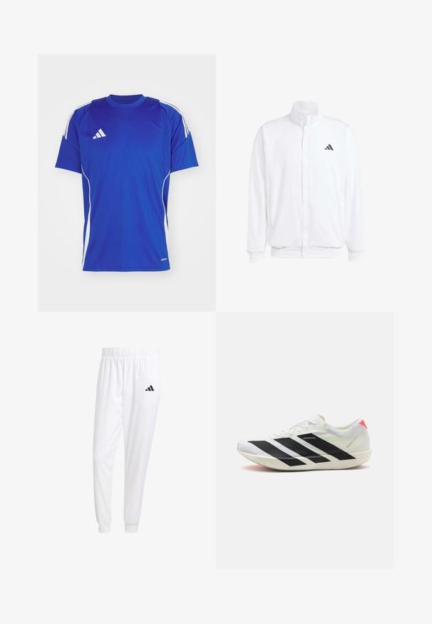 Jachetă albă ușoară, cu guler în picioare, închidere cu fermoar în față, buzunare laterale și un logo Adidas negru pe pieptul stâng. Textură moale.; Tricou sportiv albastru, realizat dintr-un material usor, cu accente albe pe umeri si laterale, avand un mic logo pe piept.; Pantaloni sport albi dintr-un material neted, cu un brâu elastic și mansete ajustate, având un logo negru pe buzunarul din spate.; Vastă de sport albă cu dungi diagonale negre, material din plasă ușoară, accente verzi și tab de călcâi roșu; prezintă un design elegant, alungit.
