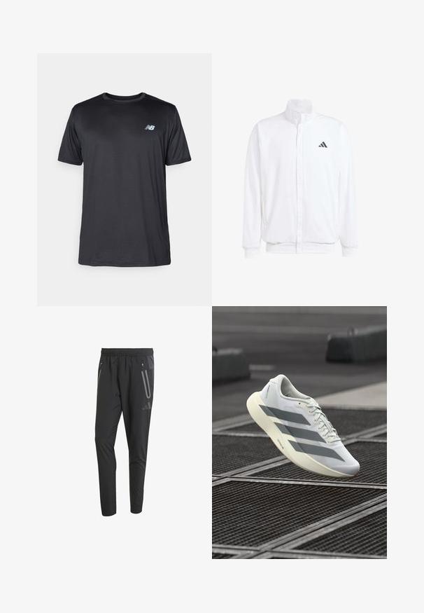 Bijela lagana jakna s visokim ovratnikom, prednjim zatvaračem, bočnim džepovima i crnim Adidas logom na lijevoj sisi. Mekana tekstura.; New Balance Sportska majica - black; Crne sportske hlače s elastičnim pojasom, dva bočna džepa sa zatvaračem, suženi kroj i reflektirajući detalji sprijeda.; Bijela sportska cipela s teksturiranim mrežastim gornjim dijelom, s sivim prugama i jastučićastim potplatom. Lagan dizajn pogodan za trčanje.