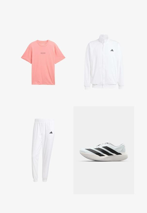 Balts viegls jaciņš ar stāvo apkakli, priekšējo rāvējslēdzēju, sānu kabatām un melnu Adidas logo kreisajā krūtī. Mīksta tekstūra.; Rožā kokvilnas t-krekls ar apaļu kaklu un īsām piedurknēm. Iespējo mazu melnu drukātu logo uz krūtīm. Gluda tekstūra, ikdienišķs dizains.; Baltas sporta bikses, kas izgatavotas no gludas auduma, ar elastīgu jostu un pieguļošiem uzmavām, ar melnu logotipu aizmugurējā kabatā.; Gaiši zili vieglie skriešanas apavi ar melniem svītrainiem. Iezīmēti ar gludu augšpusi, apaļu purngalu un biezāko balto vidējo zoli, kurā ir uzraksts "LIGHTSTRIKE PRO."