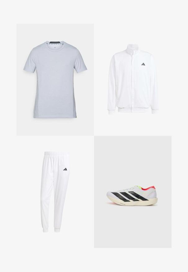 Balts viegls jaciņš ar stāvo apkakli, priekšējo rāvējslēdzēju, sānu kabatām un melnu Adidas logo kreisajā krūtī. Mīksta tekstūra.; Gaišs pelēks sporta krekls ar īsām piedurknēm, apaļu kakla izgriezumu un diskrētu logotipu uz priekšpuses. Maiga auduma, gluda tekstūra un sānu akcenti.; Baltas sporta bikses, kas izgatavotas no gludas auduma, ar elastīgu jostu un pieguļošiem uzmavām, ar melnu logotipu aizmugurējā kabatā.; Balti skrienamie apavi ar melnām svītrām, neona zaļiem akcentiem un sarkanu papēdi. Izceļas ar vieglu dizainu un teksturētu zoli, kas nodrošina labu saķeri.