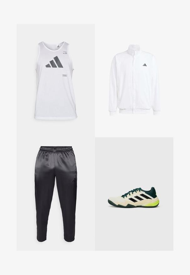 Balta lengva striukė su stovinčiu apykaklės, priekyje užtrauktuku, šoninėmis kišenėmis ir juodu Adidas logotipu kairėje krūtinės pusėje. Minkšta tekstūra.; adidas Performance ALL GYM CATEGORY GRAPHIC - Viršus - white; Juodos sportinės kelnės, pagamintos iš lygaus, lengvo audinio, su elastinga juostos juosta. Yra mažas logotipas kairėje pusėje ir siaurėjantys suplokštinimai.; Teniso batai su kreminės spalvos viršumi, juodomis juostomis, žalios spalvos akcentais ir tekstūruota gumine padais, užtikrinančiu sukibimą. Pagaminti iš sintetinių medžiagų.