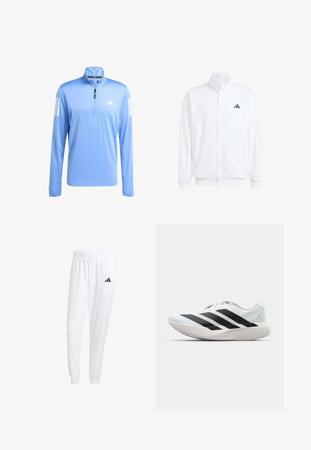 Bílá lehká bunda s stojatým límcem, předním zipem, bočními kapsami a černým logem Adidas na levé hrudi. Měkká textura.; Světle modrá sportovní košile s dlouhým rukávem a čtvrtinovým zipem, vyrobená z hladkého materiálu. Obsahuje bílé třípruhové akcenty na obou rukávech.; Bílé sportovní kalhoty vyrobené z hladkého materiálu, s elastickým pasem a přiléhavými manžetami, s černým logem na zadní kapse.; Lehké běžecké boty v světle modré barvě s černými pruhy. Mají hladký svršek, kulatou špičku a silnou bílou mezipodešev označenou "LIGHTSTRIKE PRO."