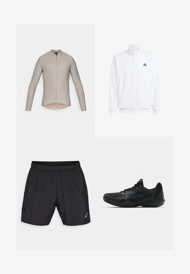 Veste légère blanche avec col montant, fermeture éclair sur le devant, poches latérales, et un logo Adidas noir sur la poitrine gauche. Texture douce.; Maillot de cyclisme beige clair à manches longues avec un col haut, fermeture éclair avant et un logo discret. Il présente une chute à l'arrière et une texture de tissu lisse.; Shorts de sport noirs en matériau léger, avec une taille élastique et un petit logo sur le bas à gauche.; ASICS SOLUTION SPEED FF 3 CLAY - Chaussures de tennis pour terre-battueerre battue - black/prism blue