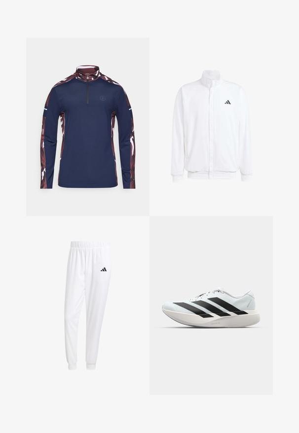White lightweight jacket featuring a stand collar, front zipper closure, side pockets, and a black Adidas logo on the left chest. Soft texture.; Navy long-sleeve pullover with a quarter-zip collar. Features patterned maroon sleeves with white accents and a small logo on the chest.; White athletic pants made of smooth fabric, featuring an elastic waistband and fitted cuffs, with a black logo on the back pocket.; Lightweight running shoes in pale blue with black stripes. Features a smooth upper, round toe, and thick white midsole labeled "LIGHTSTRIKE PRO."
