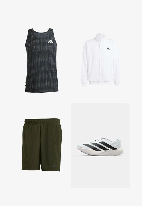 Balts viegls jaciņš ar stāvo apkakli, priekšējo rāvējslēdzēju, sānu kabatām un melnu Adidas logo kreisajā krūtī. Mīksta tekstūra.; Melns sporta bezpiedurkņu topiņš ar strukturētu rakstu, brīva piegriezuma siluets un baltas logo detaļas. Viegls audums ar brīvu piegriezumu.; adidas Performance Sporta šorti - night cargo; Gaiši zili vieglie skriešanas apavi ar melniem svītrainiem. Iezīmēti ar gludu augšpusi, apaļu purngalu un biezāko balto vidējo zoli, kurā ir uzraksts "LIGHTSTRIKE PRO."