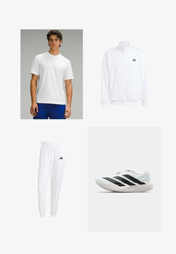 Bílá lehká bunda s stojatým límcem, předním zipem, bočními kapsami a černým logem Adidas na levé hrudi. Měkká textura.; Bílý krátký rukáv tričko s kulatým výstřihem, hladká textura, bez viditelných vzorů nebo log, nošené s modrými sportovními kalhotami.; Bílé sportovní kalhoty vyrobené z hladkého materiálu, s elastickým pasem a přiléhavými manžetami, s černým logem na zadní kapse.; Lehké běžecké boty v světle modré barvě s černými pruhy. Mají hladký svršek, kulatou špičku a silnou bílou mezipodešev označenou "LIGHTSTRIKE PRO."
