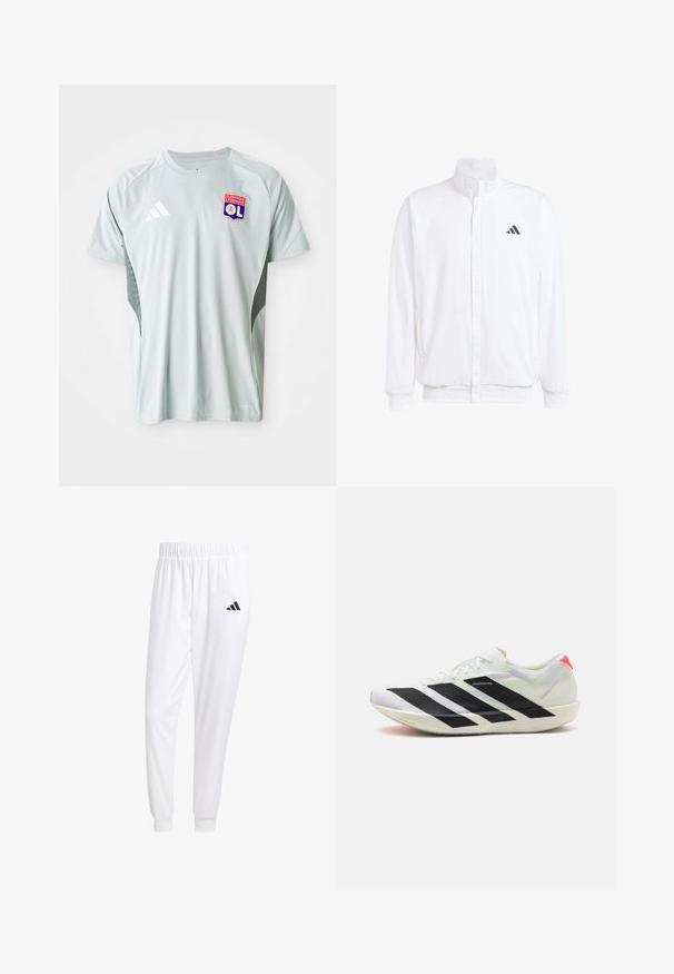 Casaco leve branco com colarinho alto, fecho frontal com zipper, bolsos laterais e um logótipo preto da Adidas no peito esquerdo. Textura suave.; Camisa de futebol de manga curta cinza-claro com gola redonda, logotipo da Adidas e emblema do Olympique Lyonnais à frente, com laterais texturizadas.; Calças esportivas brancas feitas de tecido suave, com uma cintura elástica e punhos ajustados, apresentando um logo preto no bolso de trás.; Sapatilha atlética branca com riscas diagonais pretas, material de malha leve, detalhes em verde e aba do calcanhar vermelha; apresenta um design elegante e alongado.