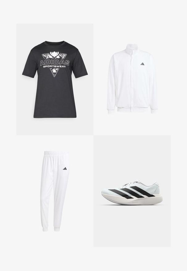 Casaco leve branco com colarinho alto, fecho frontal com zipper, bolsos laterais e um logótipo preto da Adidas no peito esquerdo. Textura suave.; T-shirt preta de manga curta da Adidas com design triangular floral branco e texto "ADIDAS SPORTSWEAR" no peito.; Calças esportivas brancas feitas de tecido suave, com uma cintura elástica e punhos ajustados, apresentando um logo preto no bolso de trás.; Tênis de corrida leves em azul pálido com riscas pretas. Apresentam um cabedal liso, bico redondo e uma entressola espessa branca rotulada como "LIGHTSTRIKE PRO."