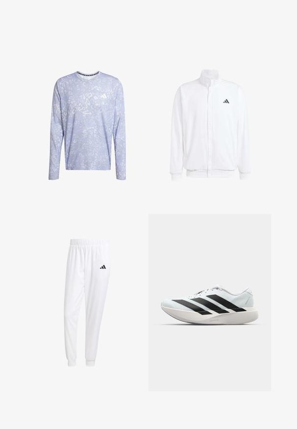 Bijela lagana jakna s visokim ovratnikom, prednjim zatvaračem, bočnim džepovima i crnim Adidas logom na lijevoj sisi. Mekana tekstura.; Majica dugih rukava u svijetloplavoj boji s suptilnim životinjskim uzorkom. Ima okrugli izrez i brendirani detalj na prsima. Teksturirana tkanina.; Bijele atletske hlače od glatkog materijala, sa elastičnom vrpcom u struku i pripijenim manžetama, sa crnim logom na stražnjem džepu.; Lagane tenisice za trčanje u svijetloplavoj boji s crnim trakama. Imaju glatku gornju površinu, okrugli vrh i debeli bijeli srednji sloj označen "LIGHTSTRIKE PRO."