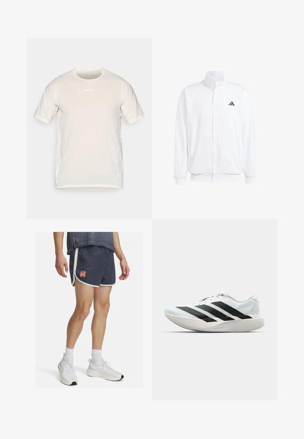 Balts viegls jaciņš ar stāvo apkakli, priekšējo rāvējslēdzēju, sānu kabatām un melnu Adidas logo kreisajā krūtī. Mīksta tekstūra.; Bežs Salomon īsām piedurknēm sporta T-krekls ar apaļu kaklu un smalkām baltām grafiskām līnijām sānos.; Navy krāsas sporta šorti ar baltu apdari un Under Armour logo. Viegls audums ar teksturētu virsmu, izstrādāti, lai nodrošinātu komfortu fiziskās aktivitātes laikā.; Gaiši zili vieglie skriešanas apavi ar melniem svītrainiem. Iezīmēti ar gludu augšpusi, apaļu purngalu un biezāko balto vidējo zoli, kurā ir uzraksts "LIGHTSTRIKE PRO."