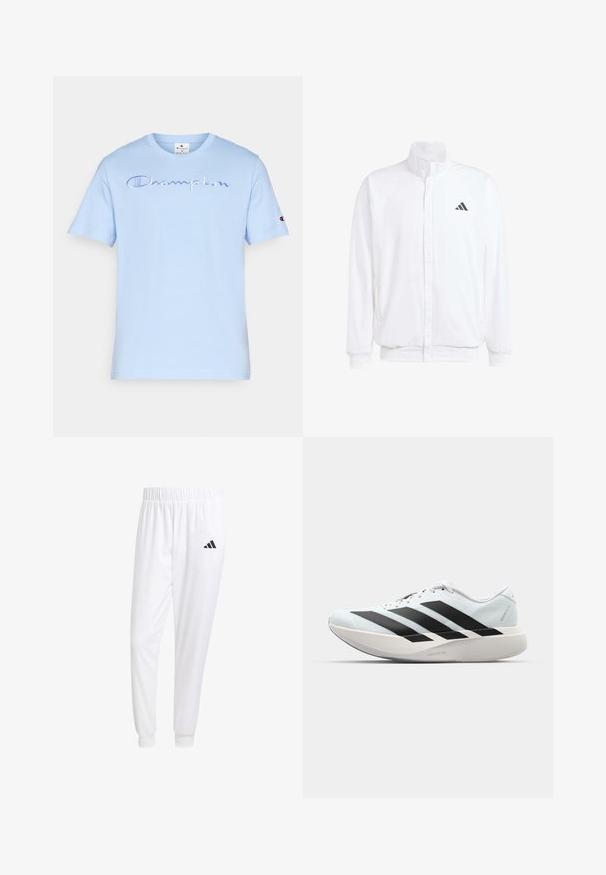 Λευκό ελαφρύ μπουφάν με όρθιο γιακά, φερμουάρ μπροστά, πλαϊνές τσέπες και μαύρο λογότυπο Adidas στο αριστερό στήθος. Μαλακή υφή.; Ανοιχτό μπλε βαμβακερό μπλουζάκι με κοντά μανίκια. Διαθέτει ραμμένο λογότυπο "Champion" στο μπροστινό μέρος και ετικέτα με λογότυπο στο αριστερό μανίκι.; Λευκά αθλητικά παντελόνια από λείο ύφασμα, με ελαστική μέση και εφαρμοστά μανίκια, που διαθέτουν ένα μαύρο λογότυπο στην πίσω τσέπη.; Ελαφριά αθλητικά παπούτσια τρεξίματος σε ανοιχτό μπλε με μαύρες ρίγες. Διαθέτουν λείο άνω μέρος, στρογγυλή μύτη και παχύ λευκό ενδιάμεσο πέλμα που φέρει την ετικέτα "LIGHTSTRIKE PRO."