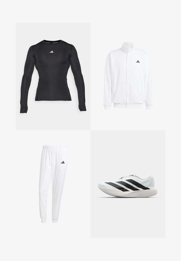 Balta lengva striukė su stovinčiu apykaklės, priekyje užtrauktuku, šoninėmis kišenėmis ir juodu Adidas logotipu kairėje krūtinės pusėje. Minkšta tekstūra.; Juodas ilgarankovė kompresinė marškinėliai, pagaminti iš tamprus medžiagos. Turintys apvalų iškirpimą ir mažą baltą logotipą krūtinėje.; Balti sportiniai keliaraiščiai, pagaminti iš lygios medžiagos, su elastinga liemene ir priglundančiais rankogaliais, ant galinio kišenės yra juodas logotipas.; Lengvi bėgimo batai šviesiai mėlynos spalvos su juodomis juostelėmis. Yra lygus viršus, apvalus pirštas ir storas baltas vidpadis su užrašu "LIGHTSTRIKE PRO."