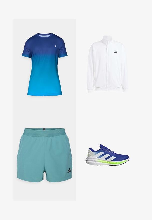 Bijela lagana jakna s visokim ovratnikom, prednjim zatvaračem, bočnim džepovima i crnim Adidas logom na lijevoj sisi. Mekana tekstura.; T-shirt kratkih rukava plave gradacije, s glatkom teksturom, okruglim izrezom i malim logotipom na prsima.; Tirkizne atletske kratke hlače s teksturiranim pojasom, bočnim džepovima i crnim Adidas logotipom na donjoj desnoj strani. Lagana tkanina.; Plava atletska cipela s bijelim detaljima, mrežastim gornjim dijelom i jastučićem u potplatu istaknutim neonsko zelenom prugom. Ima zakrivljen dizajn.