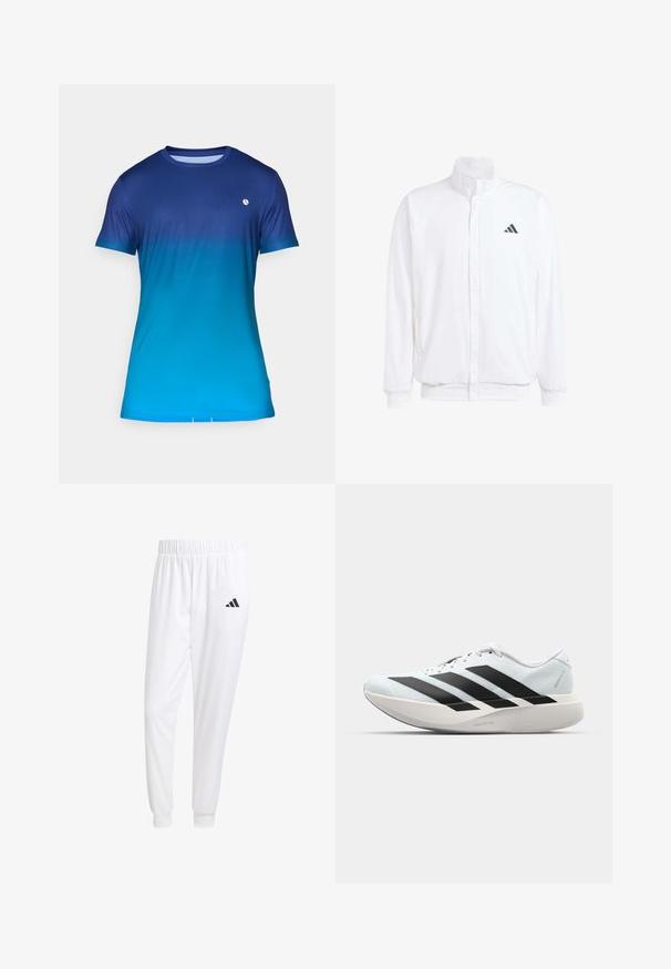 White lightweight jacket featuring a stand collar, front zipper closure, side pockets, and a black Adidas logo on the left chest. Soft texture.; Blue gradient short-sleeve t-shirt, featuring a smooth texture, round neckline, and a small logo on the chest.; White athletic pants made of smooth fabric, featuring an elastic waistband and fitted cuffs, with a black logo on the back pocket.; Lightweight running shoes in pale blue with black stripes. Features a smooth upper, round toe, and thick white midsole labeled "LIGHTSTRIKE PRO."