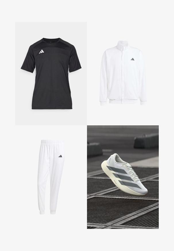 Biela ľahká bunda so stojáčikovým golierom, predným zipsom, bočnými vreckami a čiernym logom Adidas na ľavej hrudi. Mäkčená štruktúra.; Čierne športové tričko s krátkymi rukávmi, s textúrovanou časťou na hrudníku a bielymi pruhmi po stranách. Logo Adidas na prednej strane.; Biele športové nohavice z hladkej tkaniny, s elastickým pásom a priliehavými manžetami, s čiernym logom na zadnej vrecku.; Biela športová obuv s textúrovaným sieťovinovým zvrškom, s šedými pruhmi a vankúšovou podrážkou. Ľahký dizajn vhodný na beh.