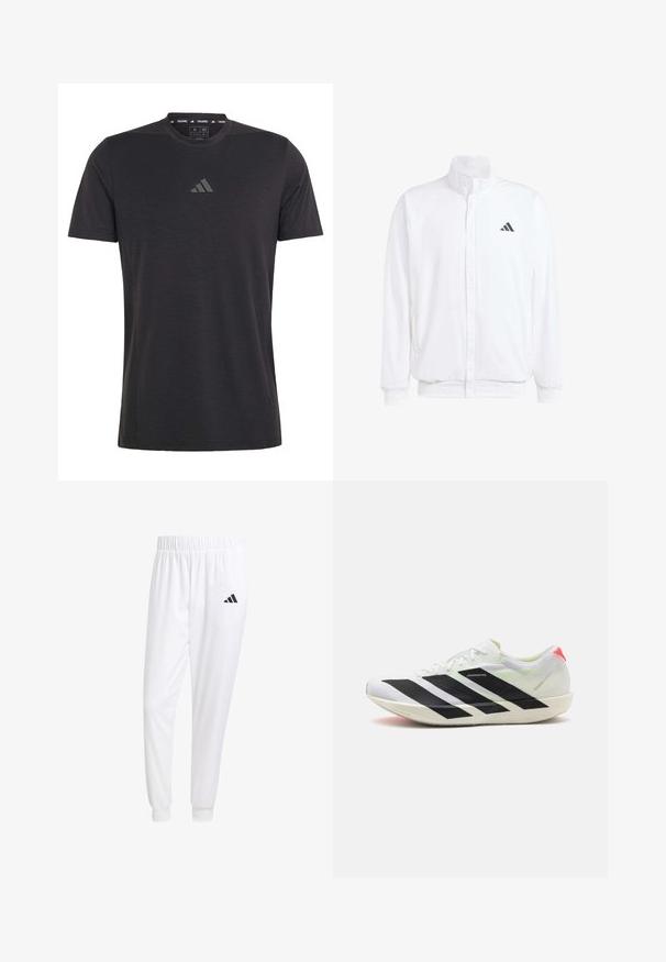 Balts viegls jaciņš ar stāvo apkakli, priekšējo rāvējslēdzēju, sānu kabatām un melnu Adidas logo kreisajā krūtī. Mīksta tekstūra.; Melnā īsā piedurkne treniņu T-krekls, izgatavots no viegla auduma, ar apaļu kakla izgriezumu un smalku reljefu logotipu uz krūškurvja.; Baltas sporta bikses, kas izgatavotas no gludas auduma, ar elastīgu jostu un pieguļošiem uzmavām, ar melnu logotipu aizmugurējā kabatā.; Baltas sporta apavs ar melnām diagonālām svītrām, viegla acu auduma materiāls, zaļi akcenti un sarkans papēža cilpiņa; izceļas ar plūstošu, iegarenu dizainu.